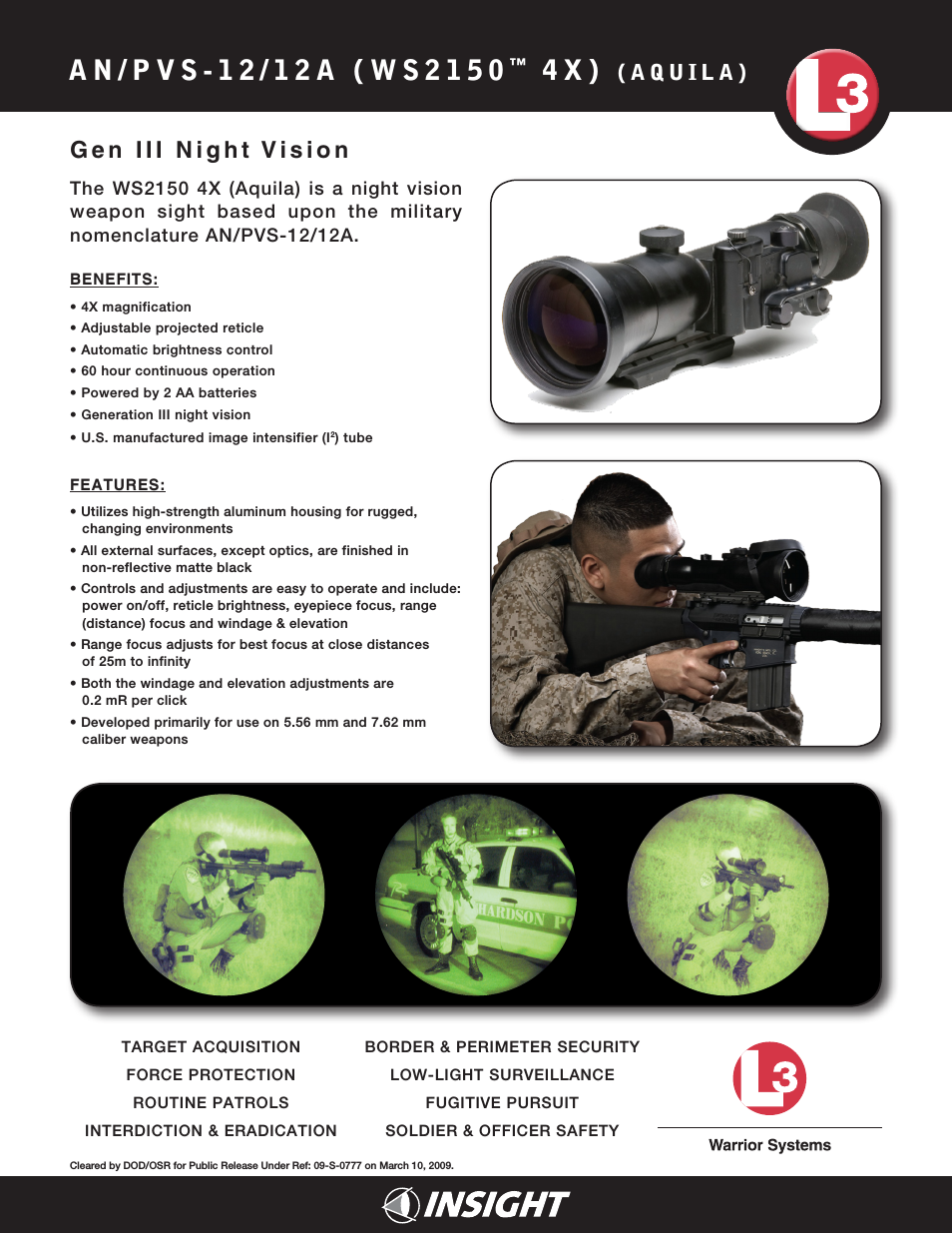 NLWAQUILA4F6DA1 L3 Aquila 4x AN/PVS-12/12A GEN3 Night Vision Riflescope