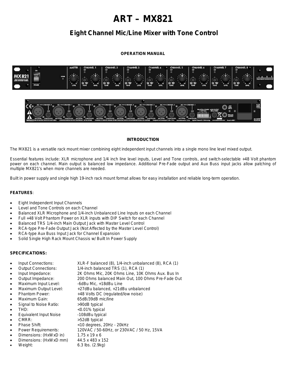 MX821 - 8 Ch (1U) Mic/Line Mixer w/ Tone