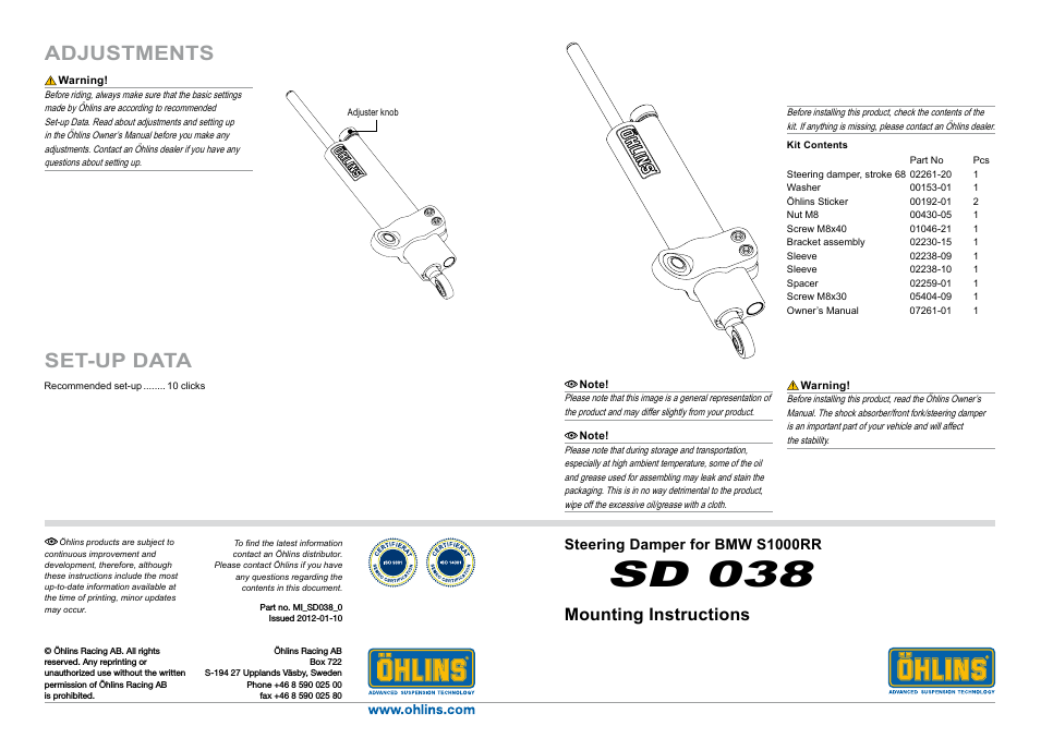 Ohlins Steering Damper S1000RR (12-14) and HP4 (13-14)
