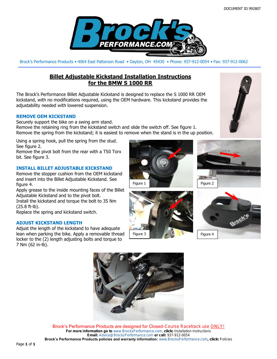 Shortened Adjustable Billet Kickstand S1000RR (10-14) & HP4 Track Style
