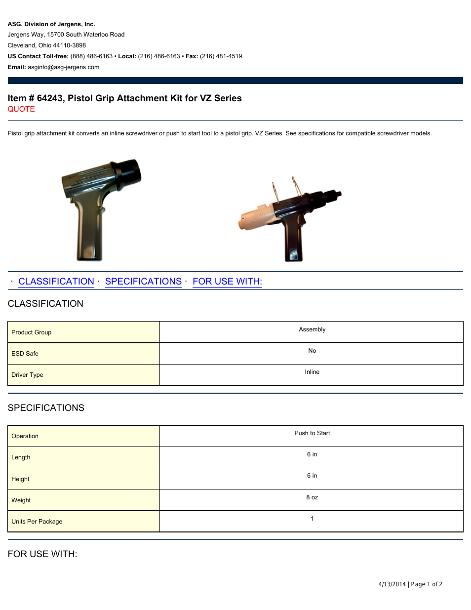 64243 Pistol Grip Attachment Kit for VZ Series