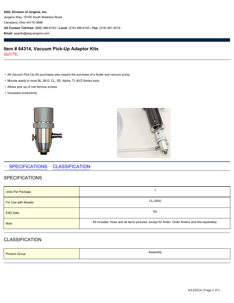 64314 Vacuum Pick-Up Adaptor Kits