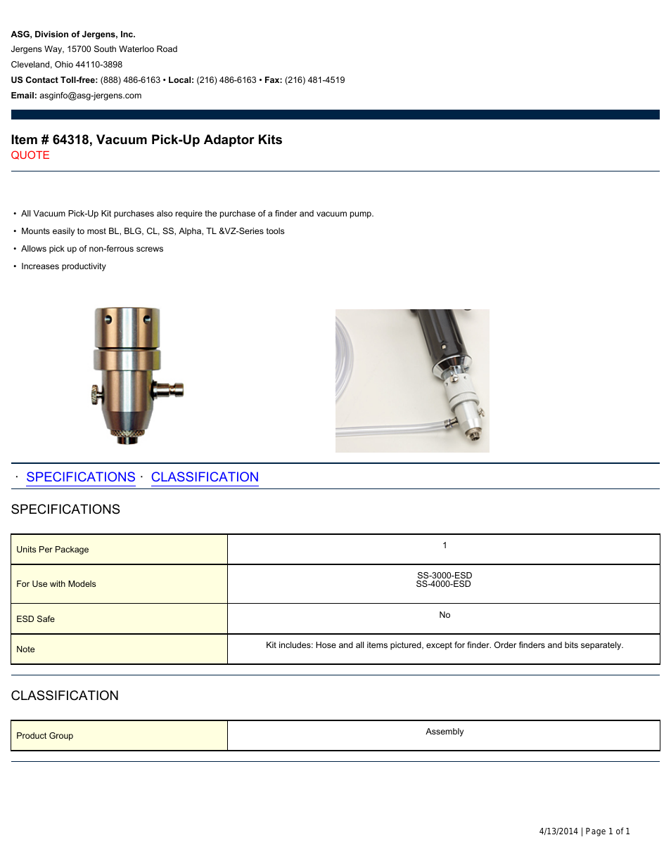 64318 Vacuum Pick-Up Adaptor Kits