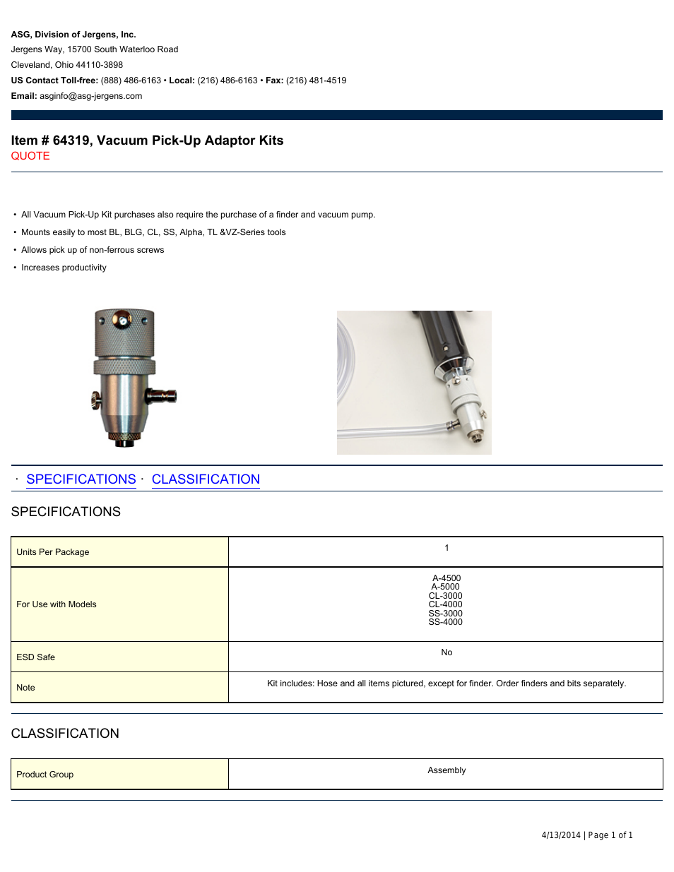 64319 Vacuum Pick-Up Adaptor Kits