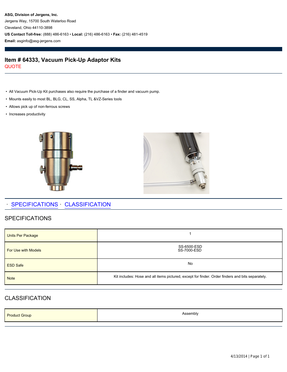 64333 Vacuum Pick-Up Adaptor Kits