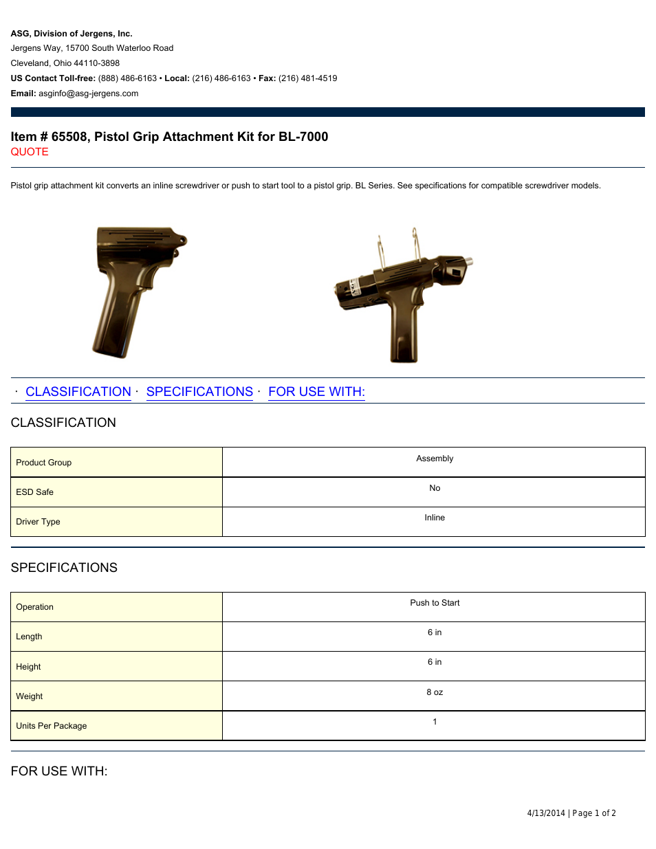 65508 Pistol Grip Attachment Kit for BL-7000