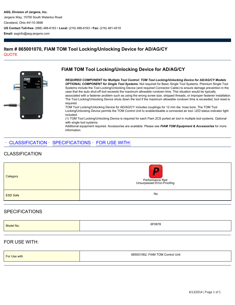 865001070 FIAM TOM Tool Locking/Unlocking Device for AD/AG/CY