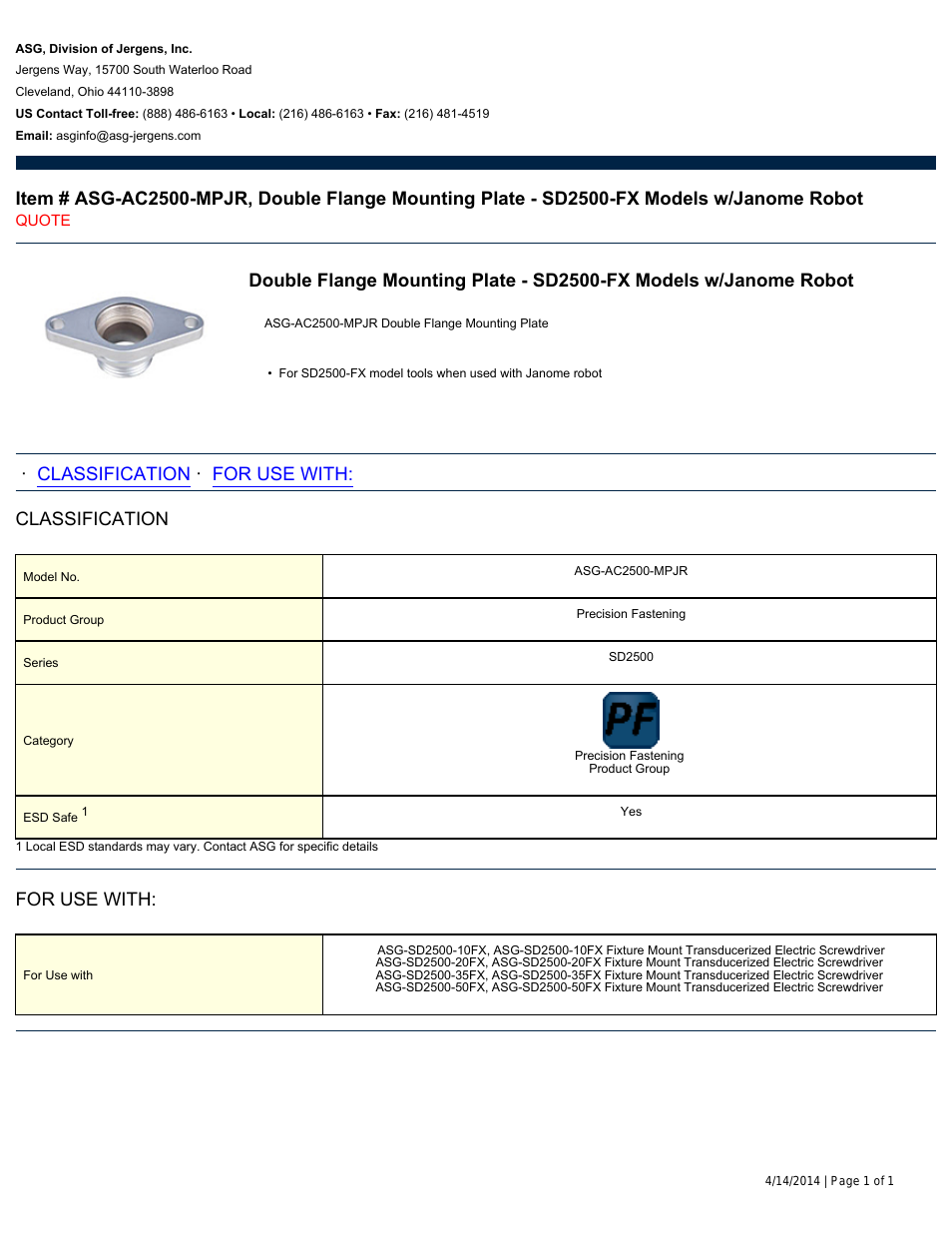 ASG-AC2500-MPJR Double Flange Mounting Plate - SD2500-FX