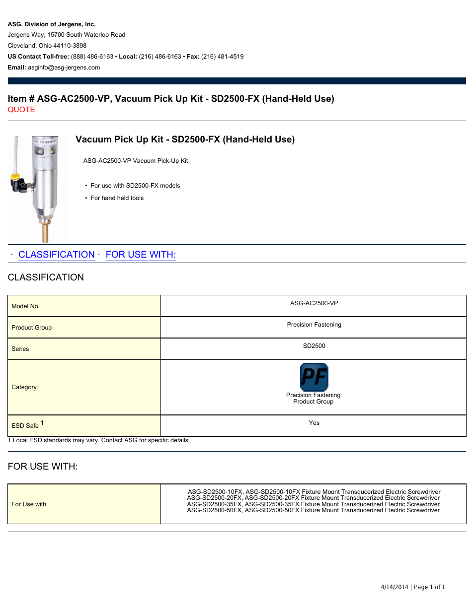ASG-AC2500-VP Vacuum Pick Up Kit - SD2500-FX