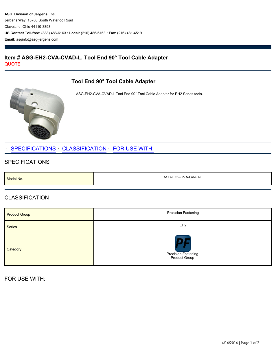 ASG-EH2-CVA-CVAD-L Tool Cable Adapter