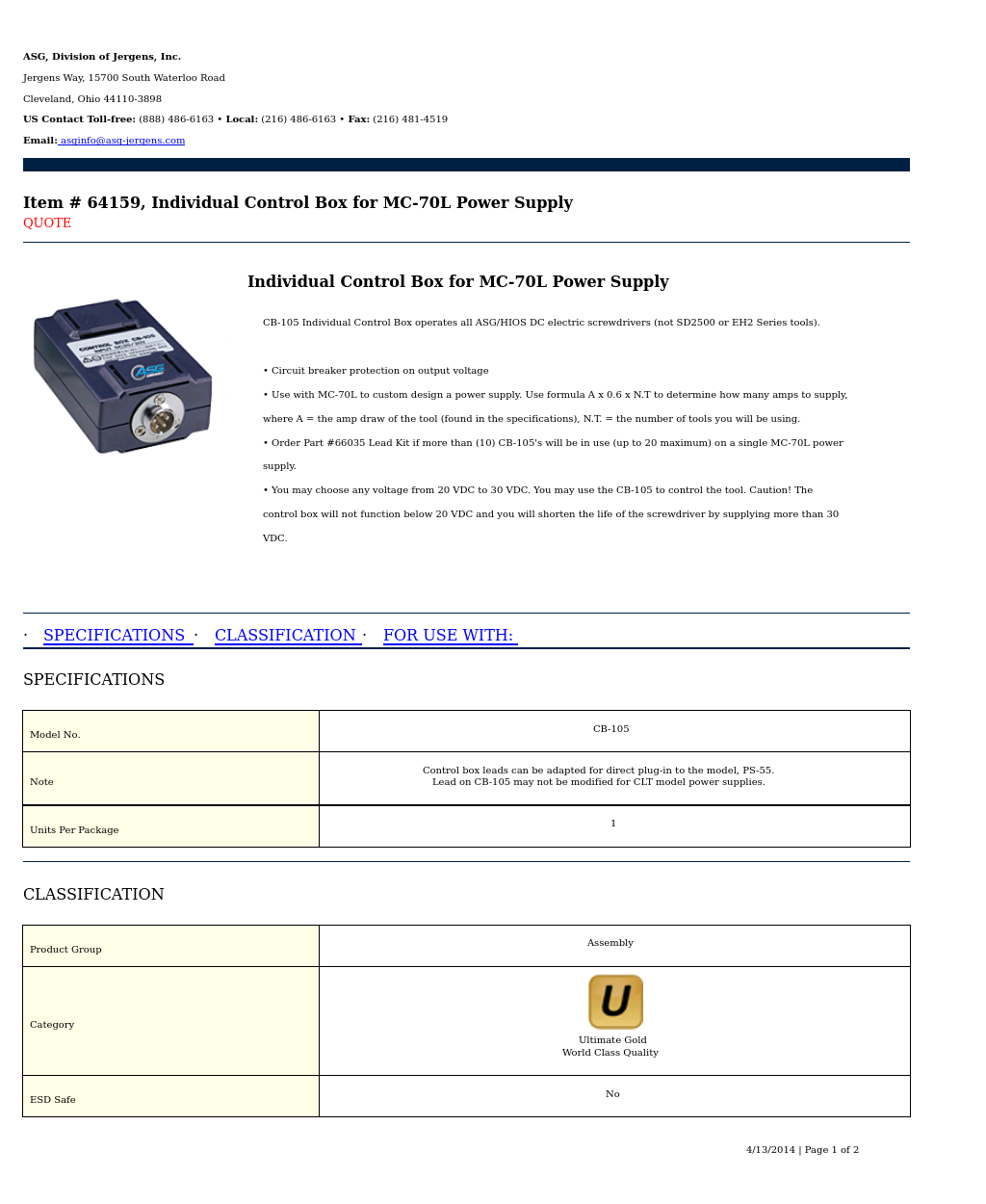 64159 CB-105 Individual Control Box for MC-70L Power Supply
