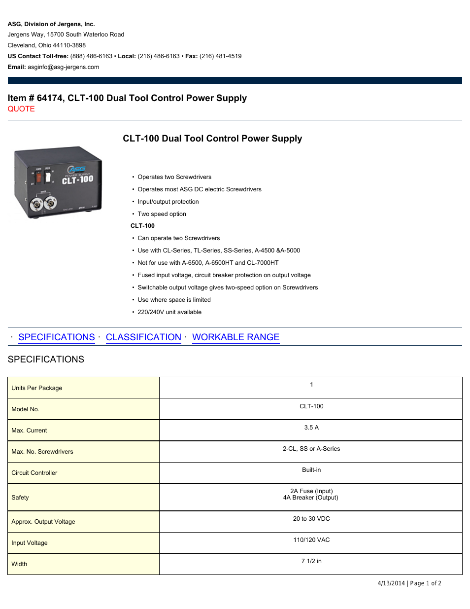 64174 CLT-100 Dual Tool Control Power Supply