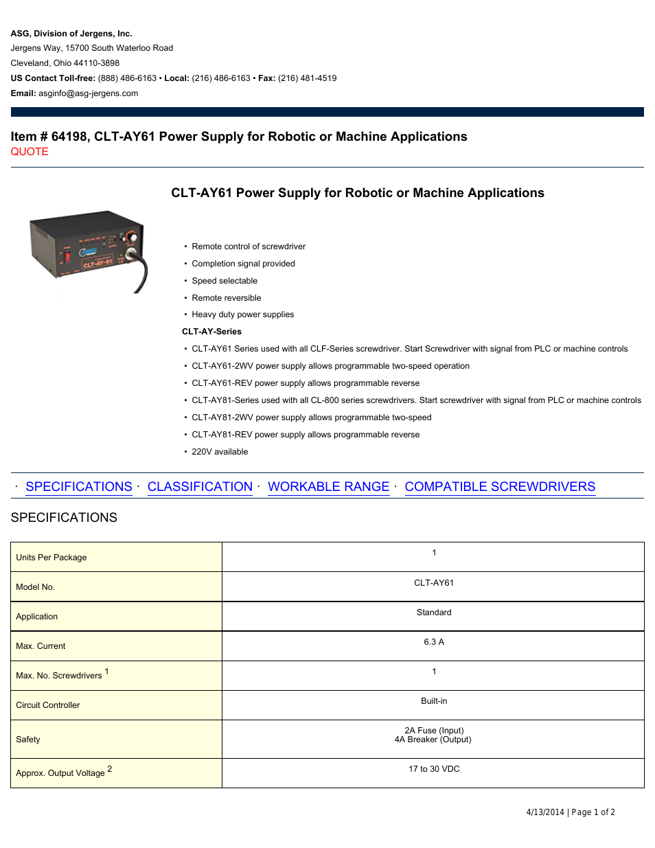 64198 CLT-AY61 Power Supply for Robotic or Machine Applications