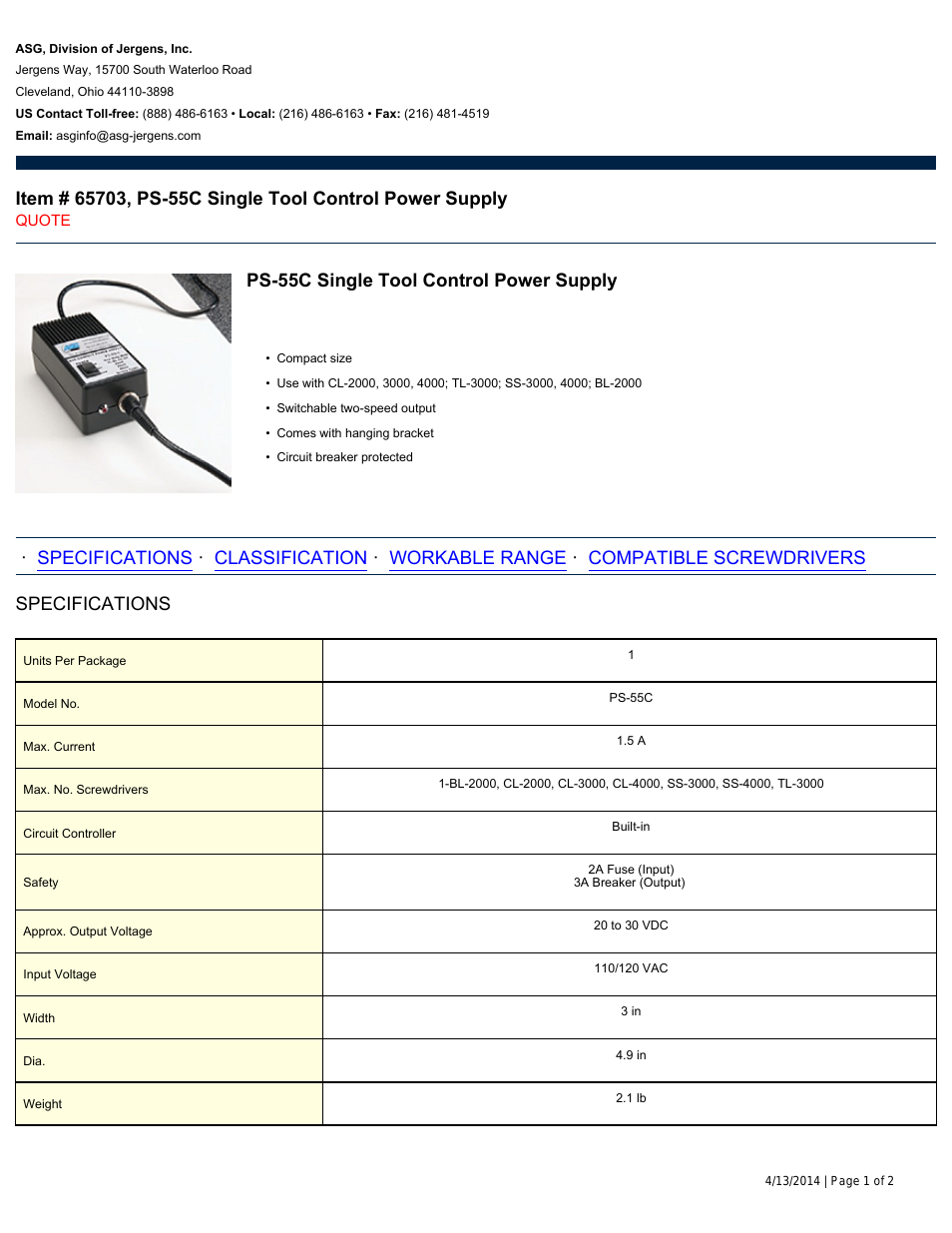 65703 PS-55C Single Tool Control Power Supply