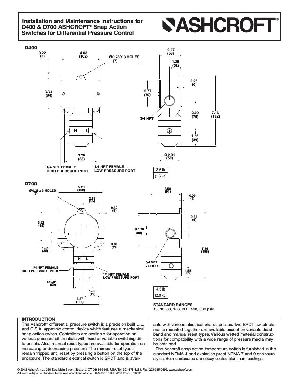 D400 - Differential Pressure Switches