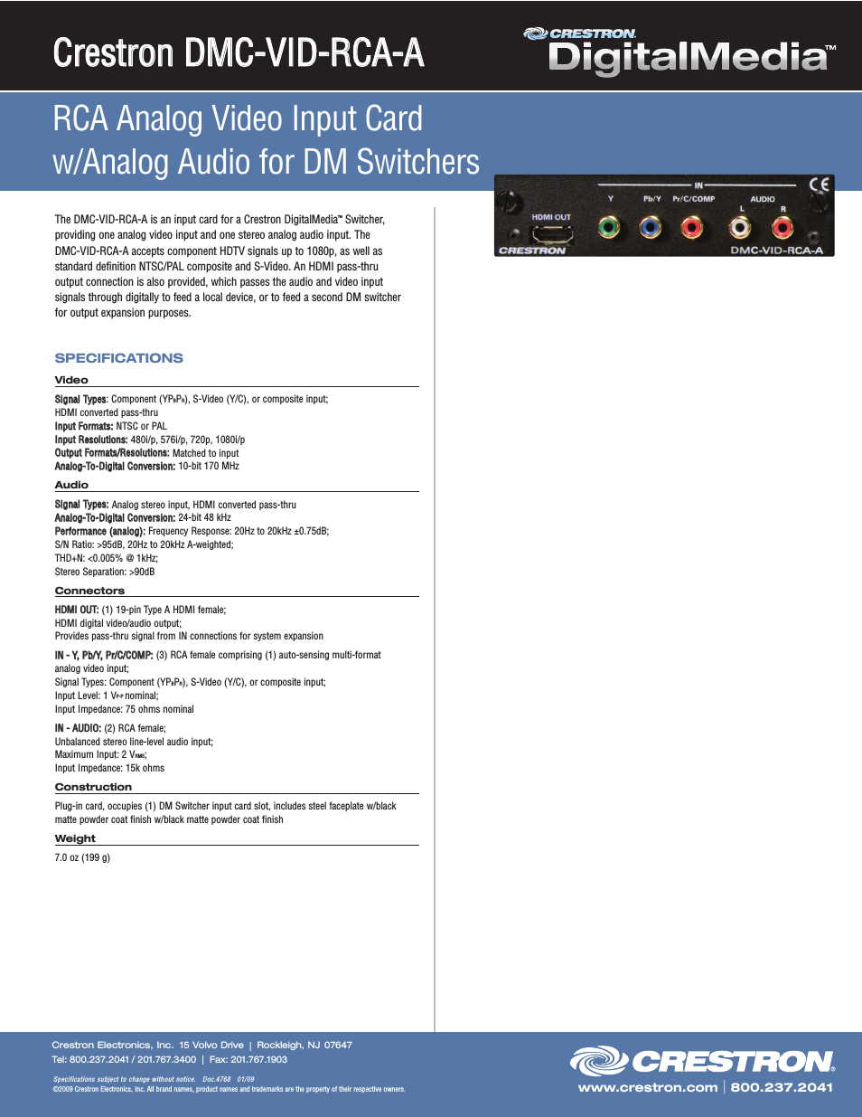 RCA Analog Video Input Card w/Analog Audio DMC-VID-RCA-A