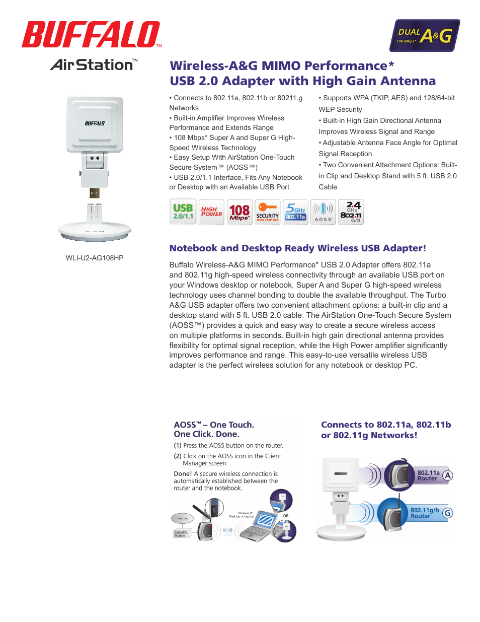 Buffalo AirStation Turbo A&G Wireless USB 2.0 Adapter WLI-U2-AG108HP