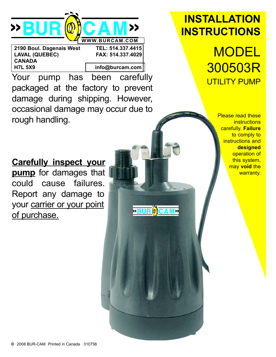 300503R UTILITY SUBMERSIBLE PUMP 1/4HP 115V ELECTRONIC SWITCH