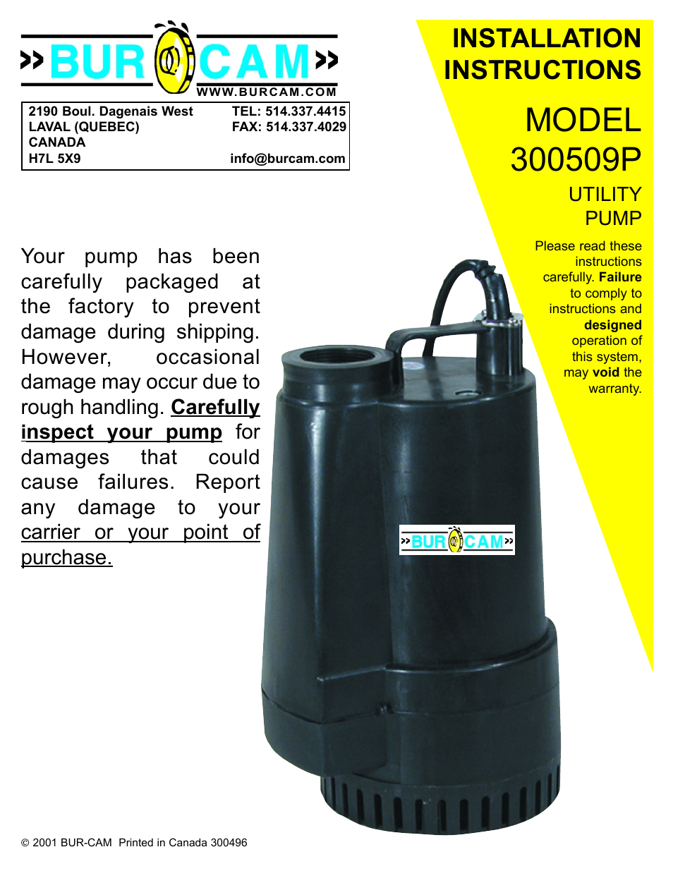 300509P SUBMERSIBLE UTILITY PUMP (POOL/FOUNTAIN) 1/2HP 115V