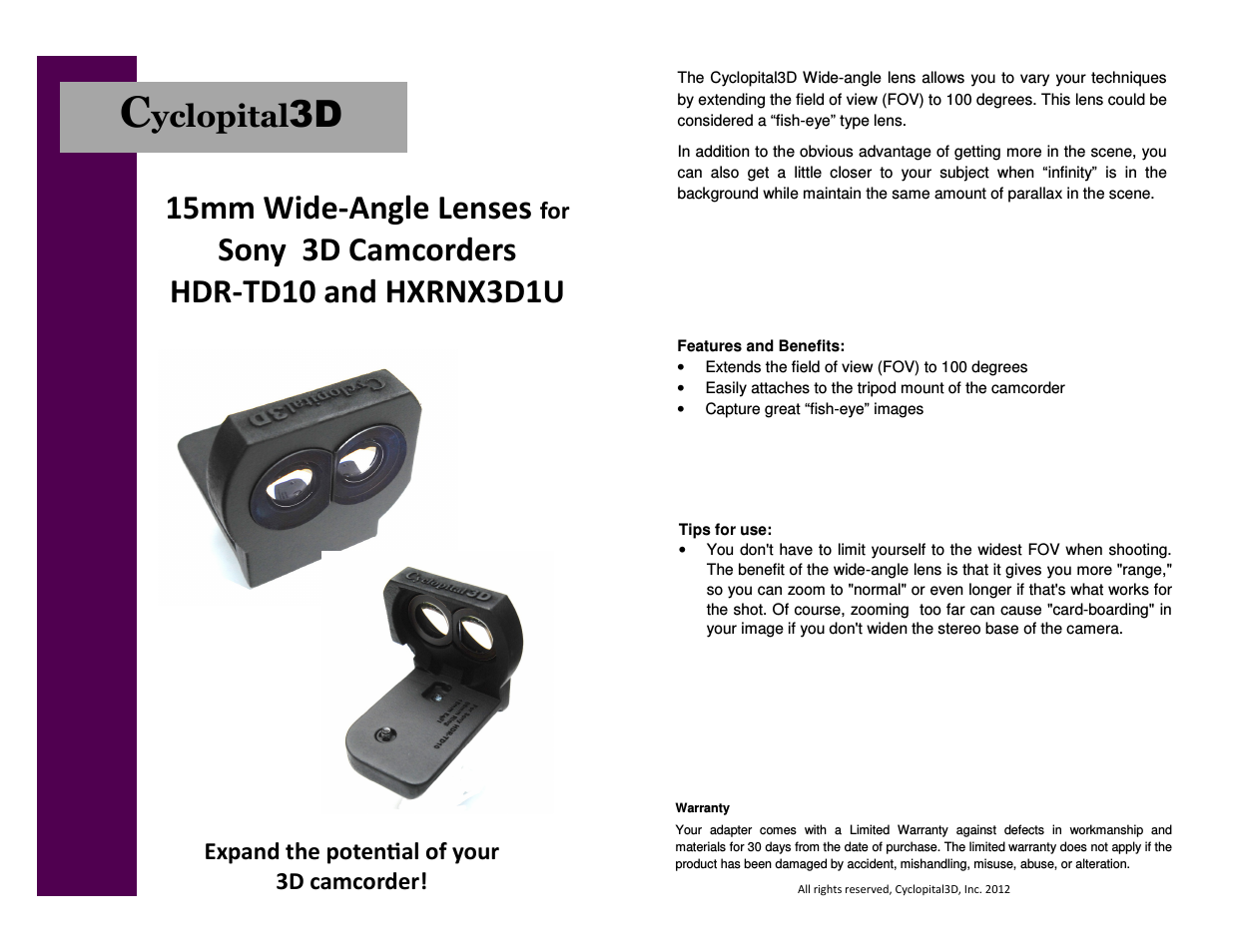 Sony HDR-TD10 & HXRNX3D1U 15mm Wide-angle Lens