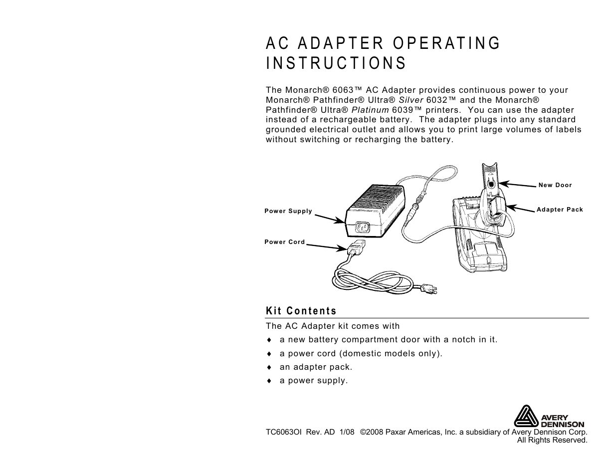 AC Adapter Monarch 6063TM
