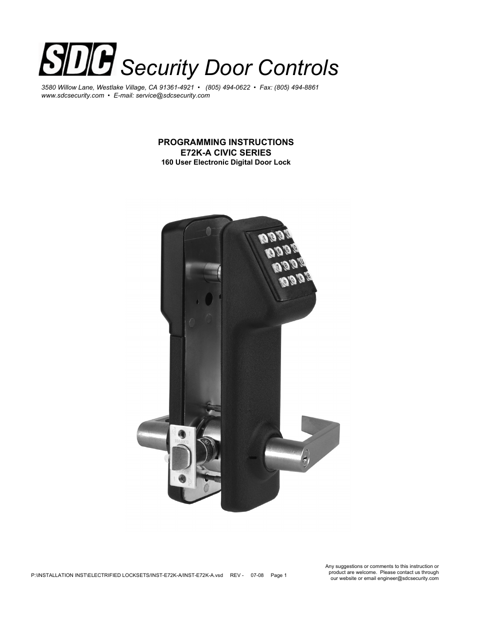 E72K-A CIVIC SERIES 160 User Electronic Digital Door Lock